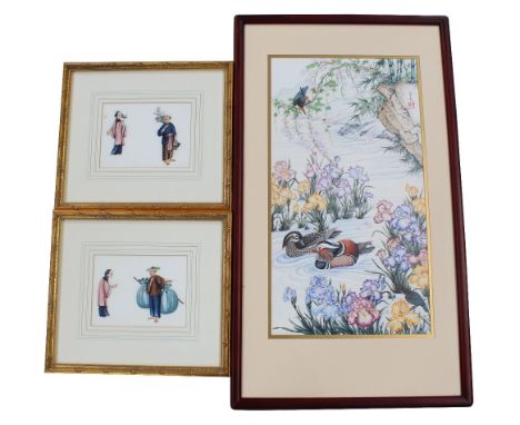 UNATTRIBUTED; a pair of Japanese watercolours on paper, young couple with cherry blossom and roses and a street vendor with y