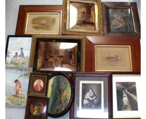 Twelve vintage prints to include illustrations from 1930s children's books, print of a duck on water, scenic prints etc and t