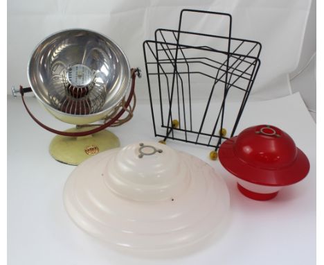 Two vintage plastic lamp shades, a Pifco infrared and radiant heat lamp and a magazine rack (4).
