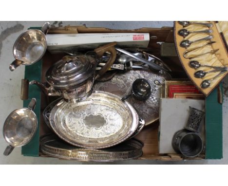 A quantity of plated ware to include a Walker and Hall tea service and tray, various items of flatware etc.