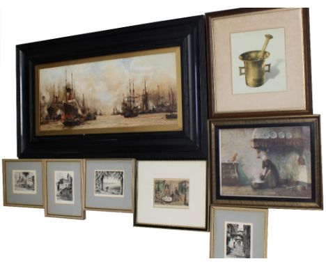 Twelve various prints to include engravings of desert and cityscapes, a print 'Doctor Syntax Making his Will', rural farming 