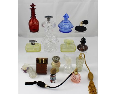 A quantity of vintage and contemporary perfume bottles to include three Art Deco style examples, French perfume bottles and a