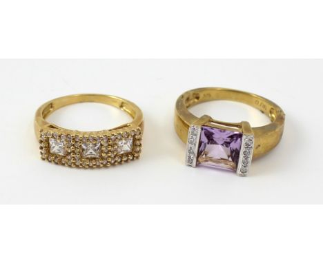 A 9ct gold ladies' dress ring set with emerald-cut amethyst-coloured stones, size O and a 9ct gold ladies' dress ring, platfo