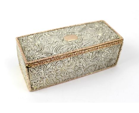 A white metal rectangular hinged snuff box with foliate scroll decoration throughout and gilt interior with further gilt deta