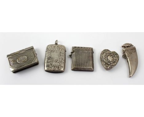 Two variously hallmarked silver vesta cases to include a George V example with engine-turned decoration, width 4cm, DW & Co, 