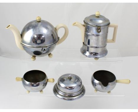 An Art Deco Everheart four-piece tea and coffee service comprising teapot, coffee pot, milk jug and sugar bowl and associated