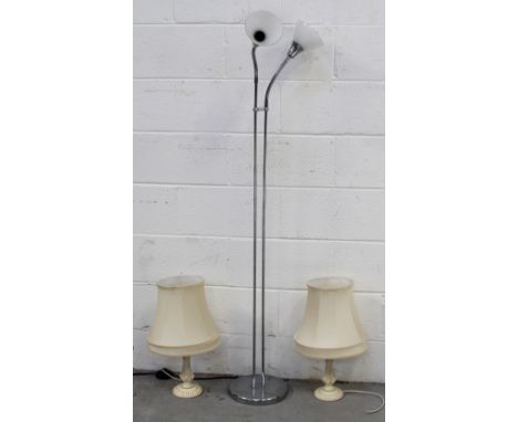 A contemporary nickel standard lamp and a pair of cream painted table lamps (3).