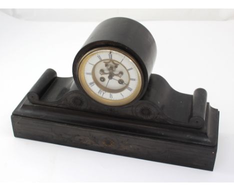 A 19th century slate eight-day Napoleon hat style mantel clock, the white ceramic dial set with Arabic numerals, height 27cm.