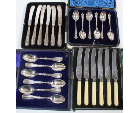 A hallmarked silver cased set of six teaspoons, a cased set of six fruit knives with hallmarked silver handles, marks rubbed 
