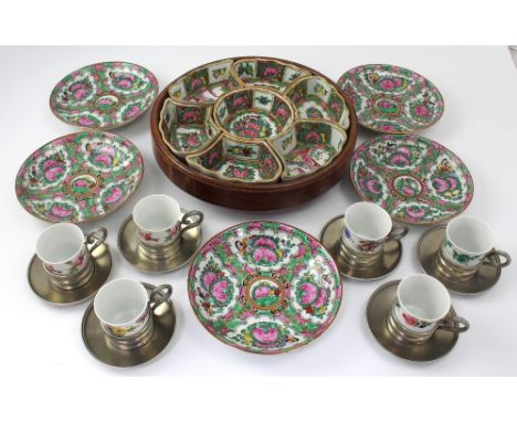 A collection of 20th century Continental coffee cups with ceramic beakers set into alloy-handled mounts and saucers, a Chines