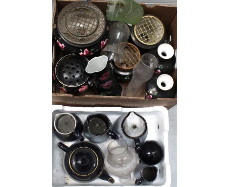 A quantity of mainly Edwardian ceramics to include black ground, pink rose painted rose bowls, vases, oil lamp funnels and La