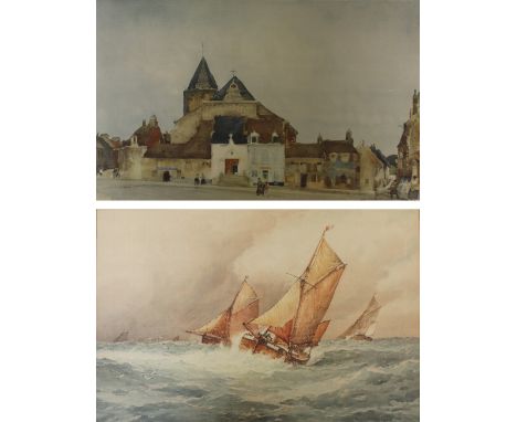After William Russell Flint (1880-1969); a print, town scene with figures in foreground, 38 x 54cm and after Frederick James 
