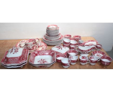 A Spode 'Pink Camilla' part dinner and tea service to include tureens, meat plate, dinner plates, side plates, soup bowls, cr