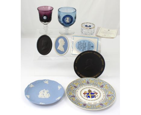 A small collection of Wedgwood Jasperware to include a black Winston Churchill birth centenary commemorative plate, diameter 