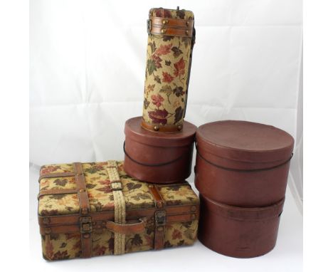 A vintage tapestry picnic case (af), a matching flask with tapestry cover and three vintage brown hat boxes (5).