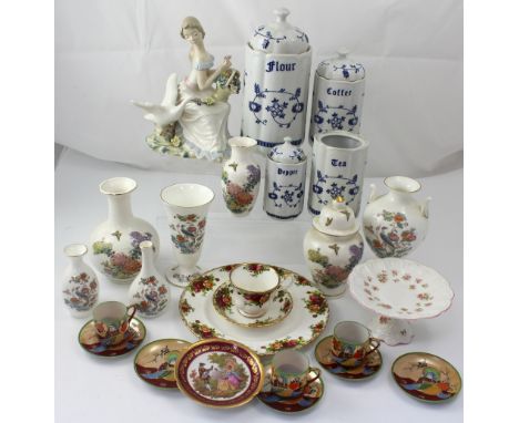 A mixed lot of ceramics to include a Royal Albert 'Old Country Roses' pattern plate, cup and saucer, a Nao figure of a goose 