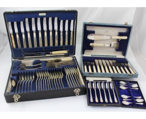 A Walker & Hall silver-plated canteen, a smaller cased flatware set and a cased set of six fish forks, also a further part co