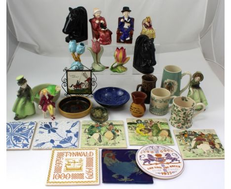 Four sets of ceramic bookends, one set a pair of money boxes styled as a seated elderly gentleman and lady, a pair styled as 
