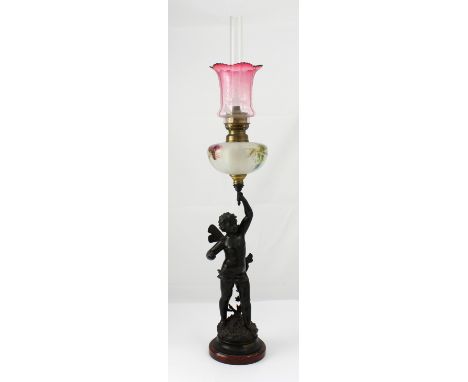 A spelter and brass figural oil lamp modelled as a fairy, signed 'Rancoule' to base, with etched pink shade, height 99cm. CON