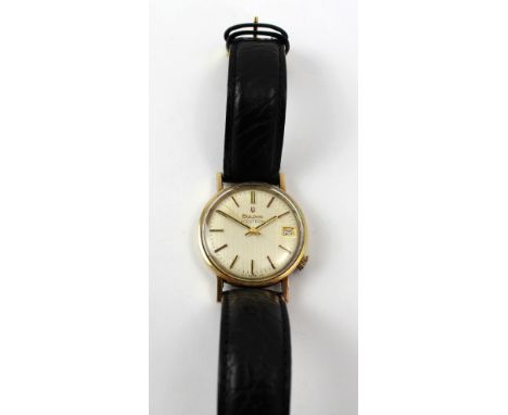 Bulova; a gold-plated gentlemen's manual-wind 'Accutron' wristwatch, the dial set with baton numerals, diameter 3cm, on black