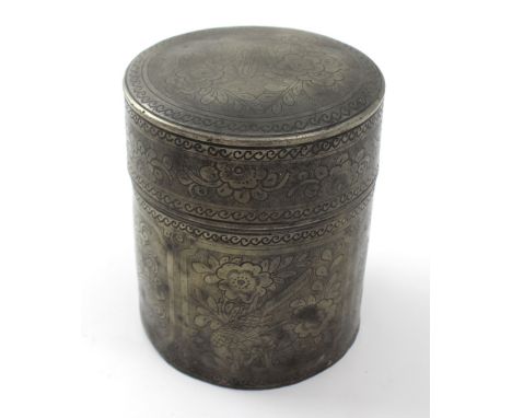 A Chinese pewter circular tea caddy, height 13cm.