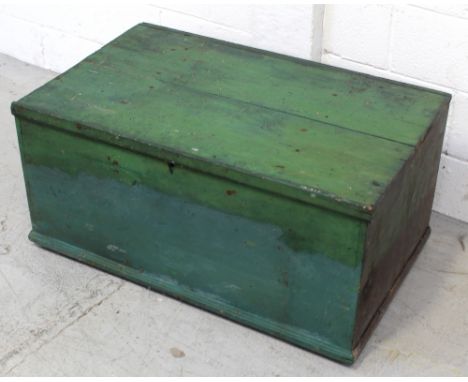 A green painted late 19th century pine toolbox, converted from a blanket box, of dovetail construction and with a planked sem