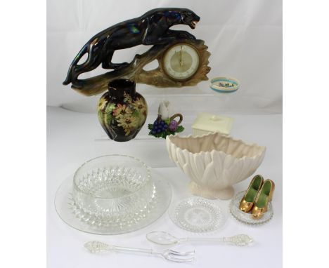 A 1960s ceramic clock modelled as a jaguar on tree branch, width 45cm, also assorted ceramics and glass.