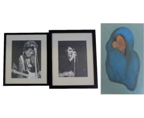 A pencil sketch, Jimmy Hendrix, signed lower-right, 24 x 19cm, framed and glazed and a further example depicting Elvis, also 