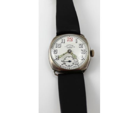 G& M Lane & Co, London; a 1930s aeroplane watch with stylised dial set with Arabic numerals and subsidiary seconds dial, fitt