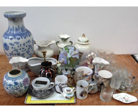 A quantity of ceramics and glassware to include two large contemporary glass domes with floral displays to interior, ceramic 