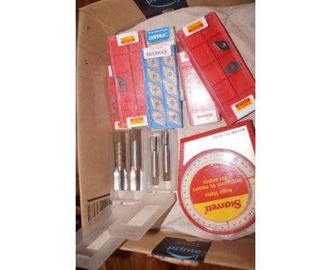 Engineering Tools - 1 of Starrett Angle Meter, 2 Sets of Taps (Neweld Stock), Various Boxes Sandvik + Kyocera Turning Tips (x
