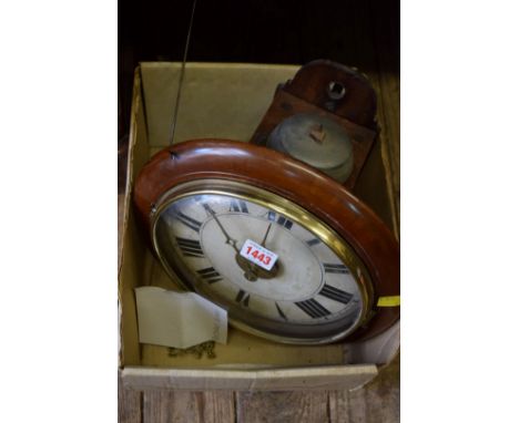 An antique mahogany postman's alarm wall clock, 28.5cm wide. 