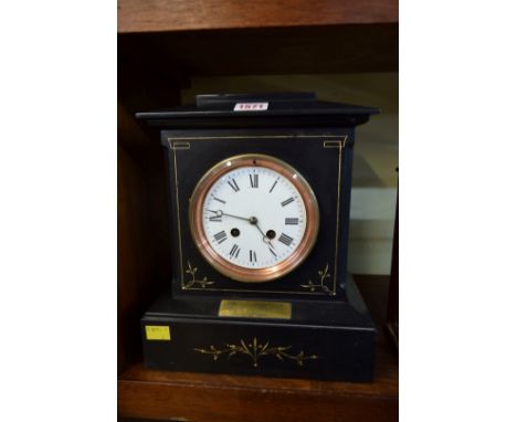 Queen's (Royal West Surrey Regiment): a Victorian slate mantel clock, bearing brass plaque inscribed '2nd Vol. Bat. "The Quee