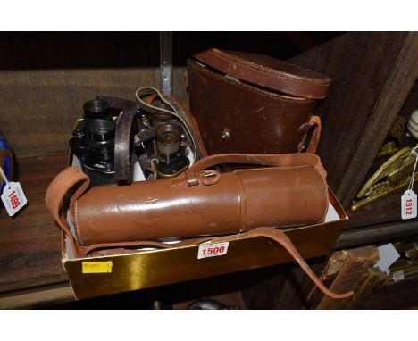 A lacquered brass and leather three drawer telescope, with broad arrow stamp, in tan leather case; together with three pairs 