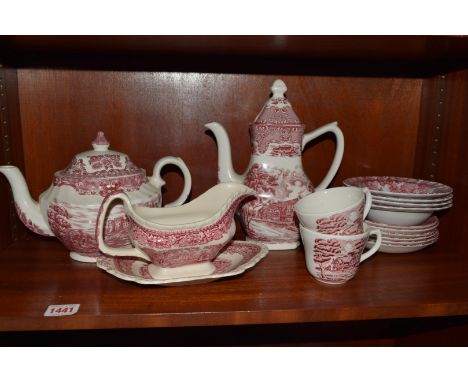 A matched red and white pottery part tea service, comprising: Grindley 'English Country Inns'; Royal Tudor 'Olde England'; an