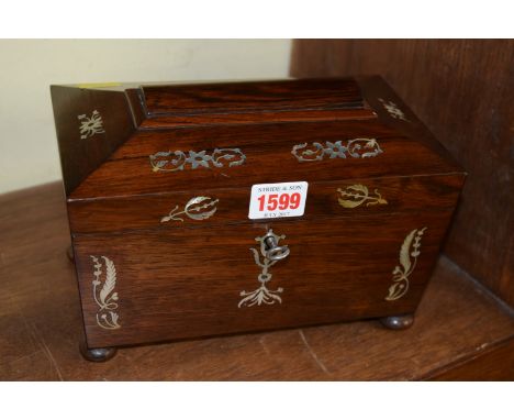 A 19th century rosewood and mother of pearl sarcophagus tea caddy, 22.5cm wide. 