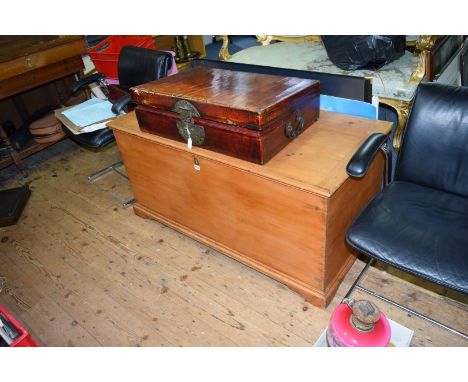 A large antique pine trunk or coffer, 126cm wide. 