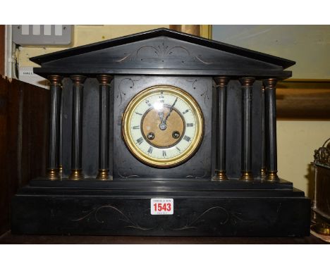 A slate mantel clock, of architectural form, 42cm wide. 