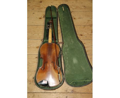 An antique Continental violin, with 14 inch back, with silver mounted bow and hard case. 