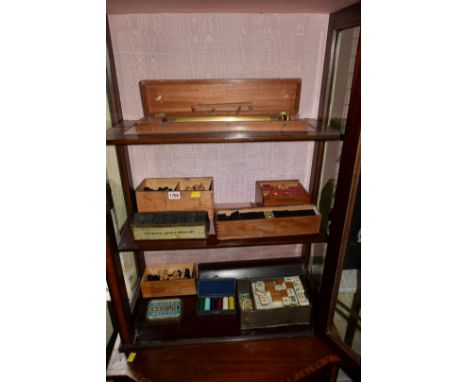 Pastimes: to include two boxwood and ebonized chess sets; a bone and bamboo mah-jongg set; a bone and ebonized double nines d