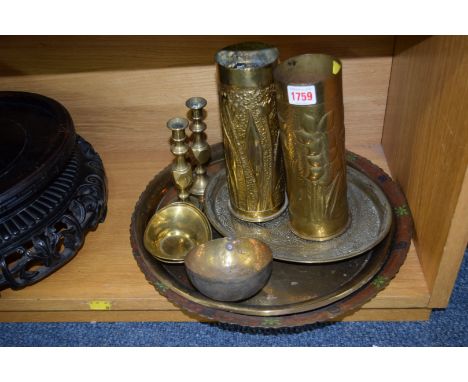 A small quantity of brassware, to include a pair of trench art vases. 