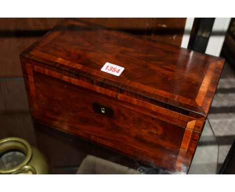 A good late George III mahogany and parquetry tea caddy, the interior with cut glass mixing bowl, possibly original, 30.5cm w