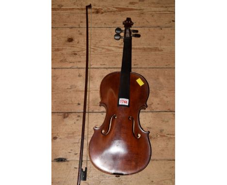 An antique Continental violin, with 14 inch back, with bow and ebonized case. 