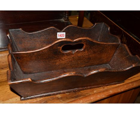 A Georgian elm cutlery tray, 37.5cm wide; together with an antique oak milking stool.