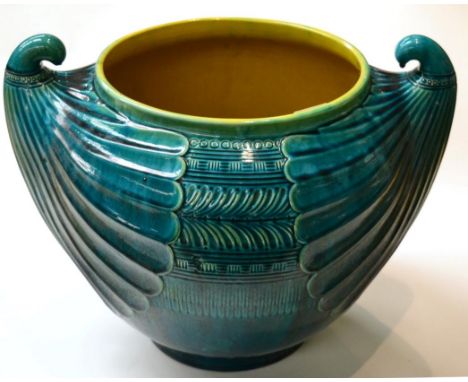 A Linthorpe Pottery Jardiniere, shape No.2285, moulded with repeating designs, turquoise glaze, impressed LINTHORPE 2285, 34c