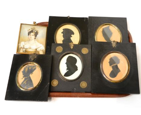 Five Georgian silhouette portraits and a watercolour miniature portrait of a lady 