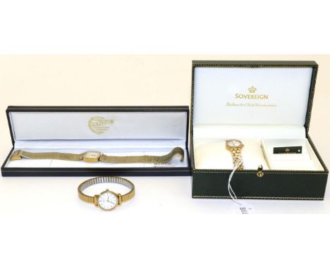 A lady's 9ct gold wristwatch signed Sovereign and two plated wristwatches signed Rotary (3) 