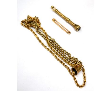 A small quantity of gold jewellery including modern swizzle stick 