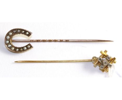 An 18ct gold diamond set stickpin and a seed pearl set horseshoes stickpin (2) 