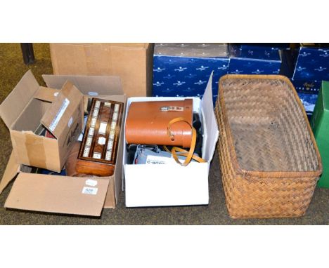 A collection of cameras, binoculars, microscope, cribbage board and other items (qty)